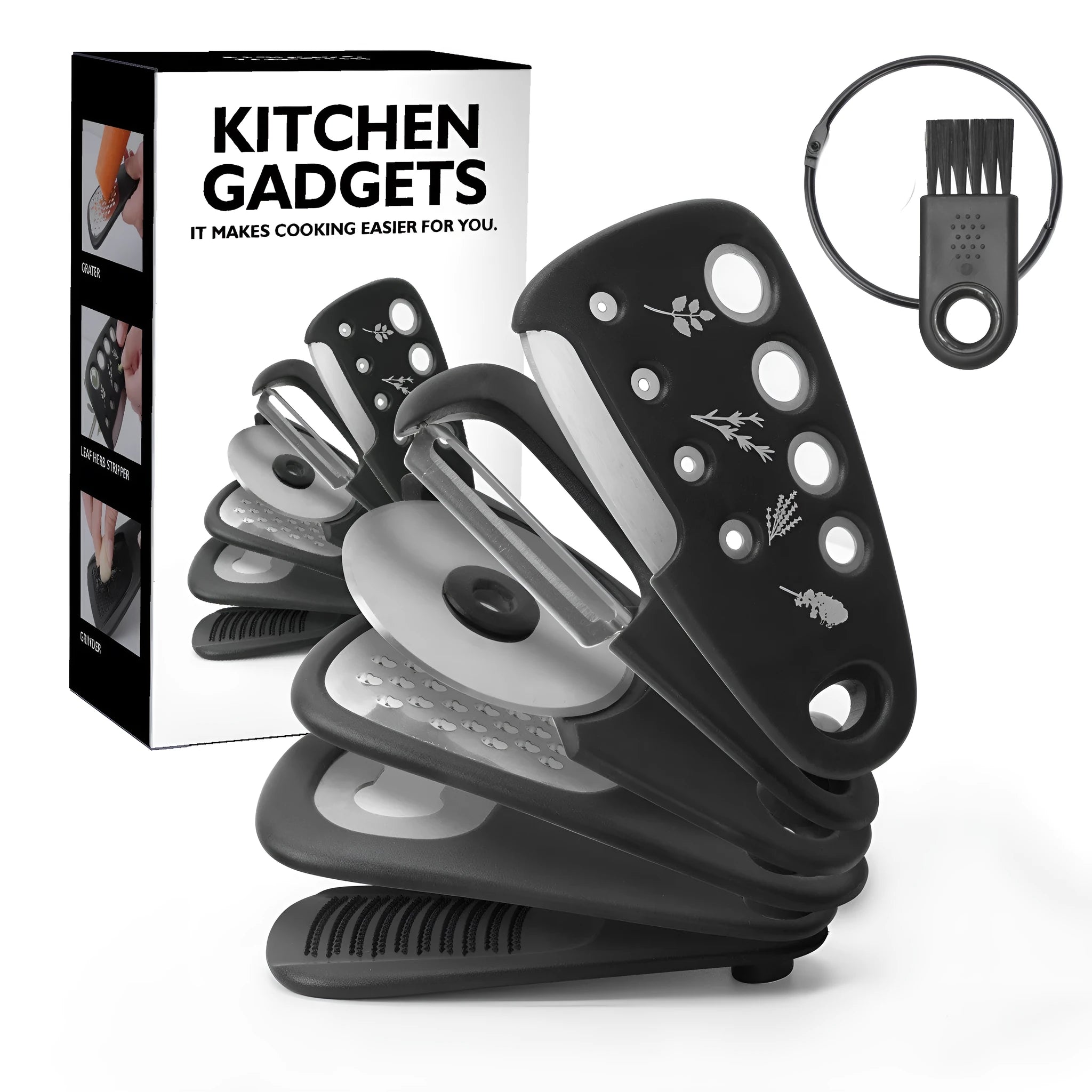 Six kitchen gadget widgets and a brush in a colour box, made from PP and stainless steel.