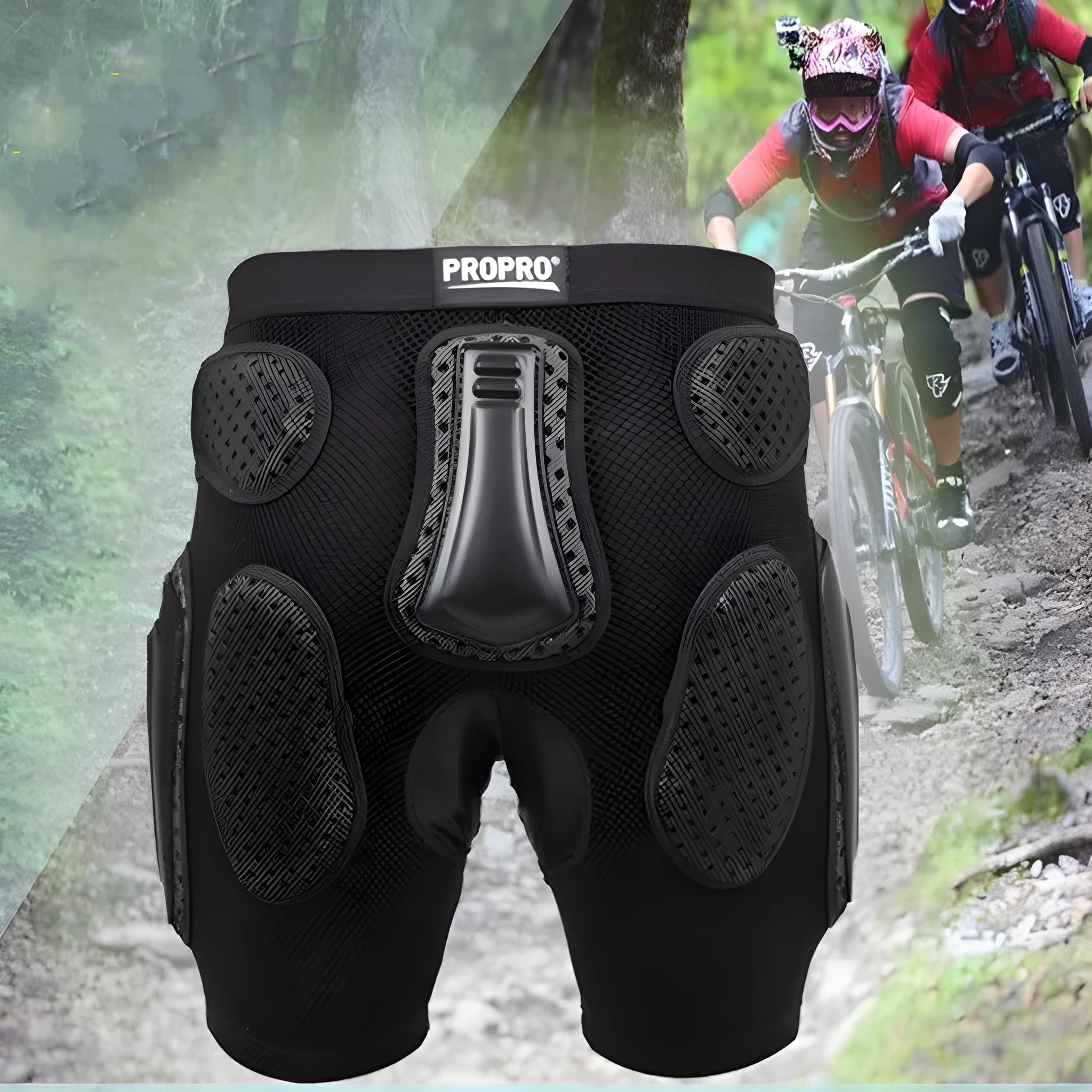 Black cycling hip protection pants with integrated pad, shown laid flat.