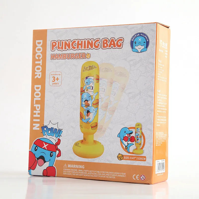 Yellow Hamburger patterned inflatable boxing column sandbag standing upright at 120cm tall.