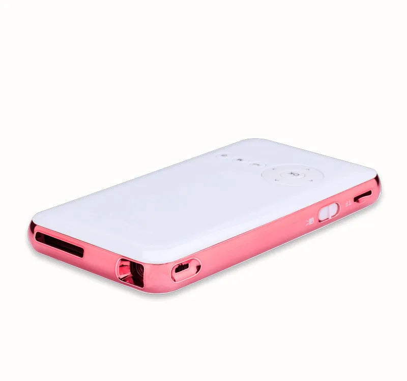 White and rose gold miniature portable DLP Android projector with compact design measuring 145x80mm
