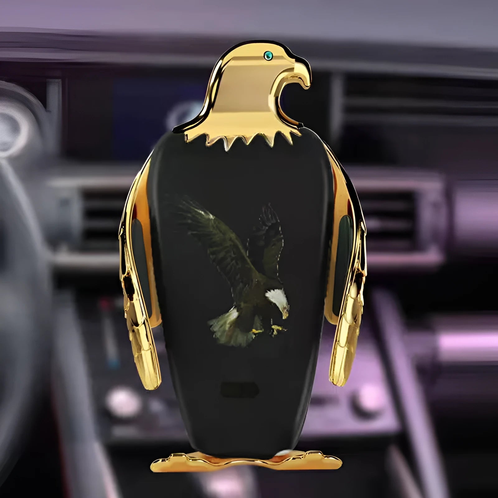 Car phone holder with wireless charging base and suction cup mount in Eagle style