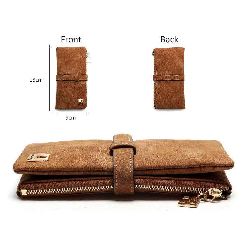 Women's retro matte long wallet open showing card slots and zip coin compartment.