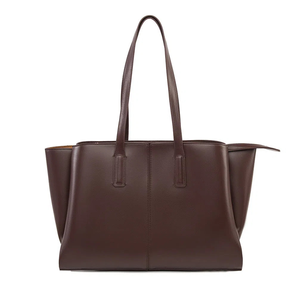 PU leather large-capacity horizontal rectangle bag in urban minimalist style with stitched seams and double shoulder straps