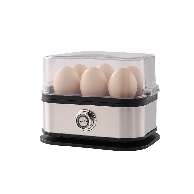 Black portable stainless steel egg boiler with international power adapters for travel use