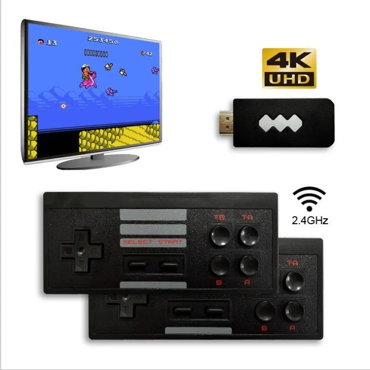 Black HD TV game console with wireless controller and USB cable on a table, showing built-in classic games