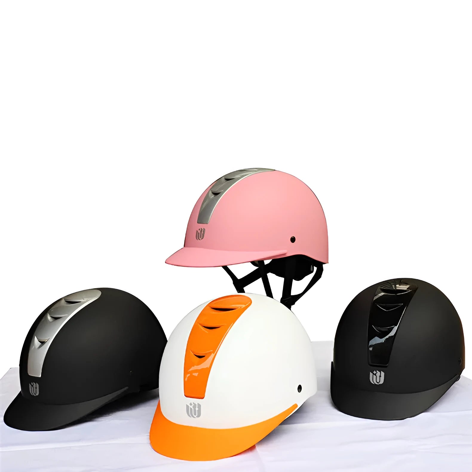 Super light summer equestrian riding helmet in ABS EPS material showing colour options including bright black and silver pink