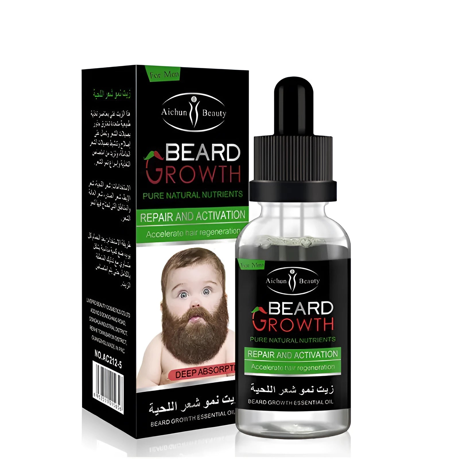 Bottle of beard essential oil with natural ingredients for growth and dandruff control