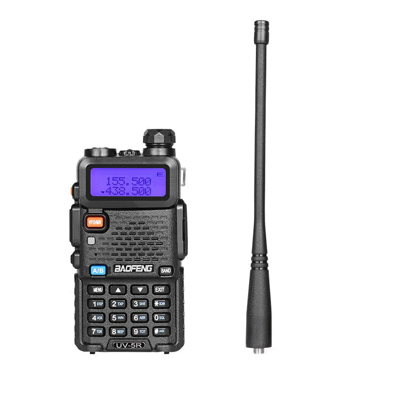 Black VHF UHF dual-band walkie talkie with 128 channels and LCD display showing 5-10 km communication range