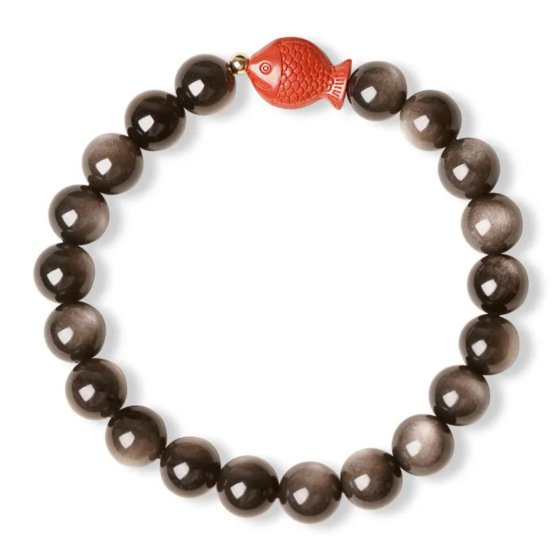 Natural obsidian and cinnabar round bead bracelet shown in 6mm, 8mm, and 10mm size options.