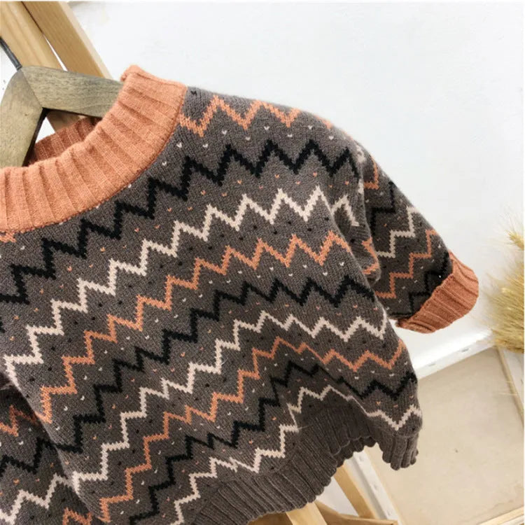 Korean style children's wool sweater in brown or apricot colour with long sleeves
