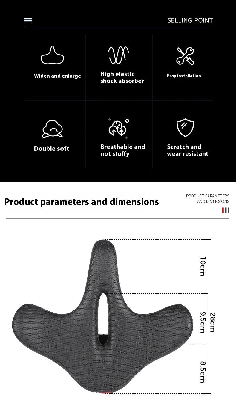 Black bicycle seat cushion made of leather and polyurethane foam for shock absorption.