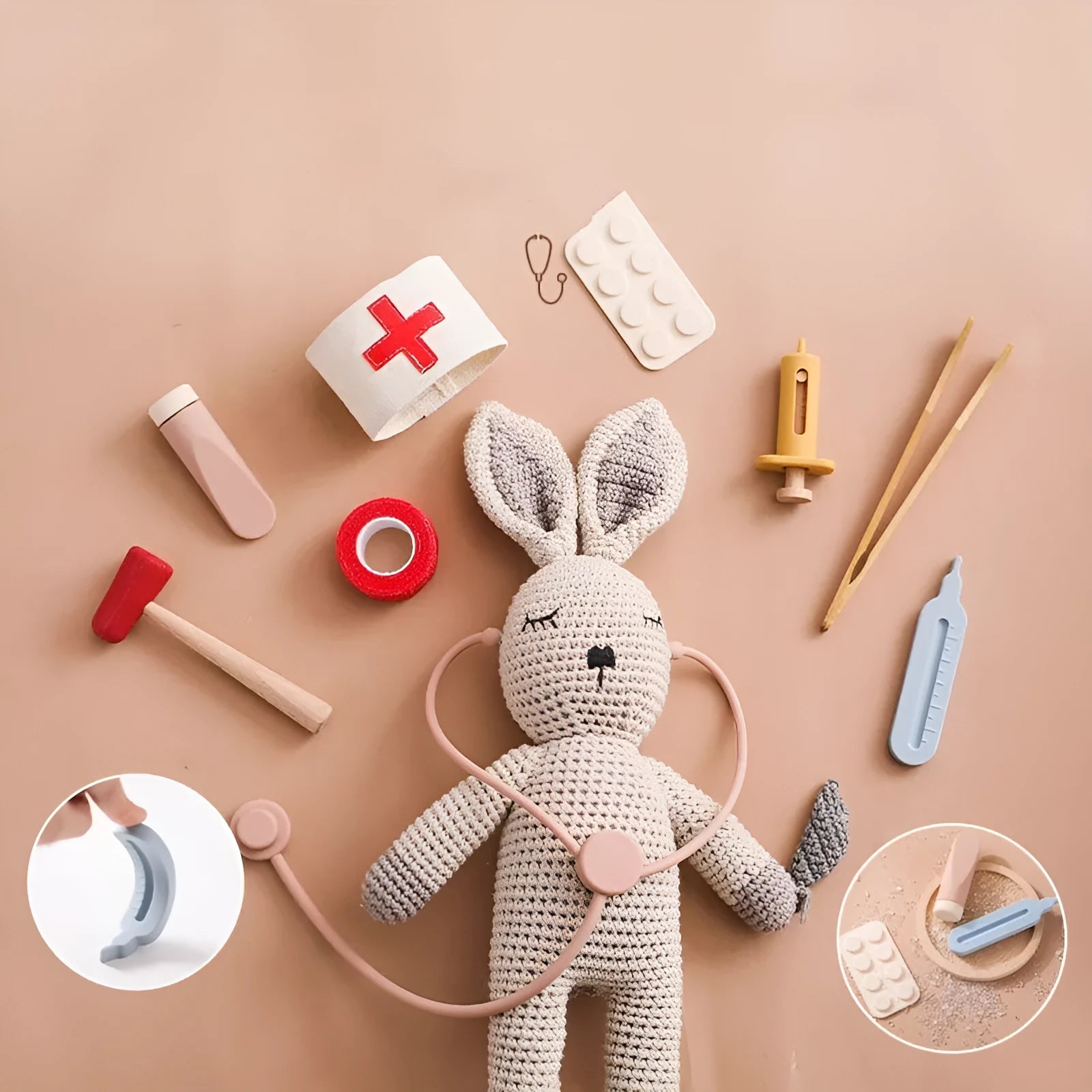 Wooden children's doctor toy set with stethoscope and medical suit for imaginative role play