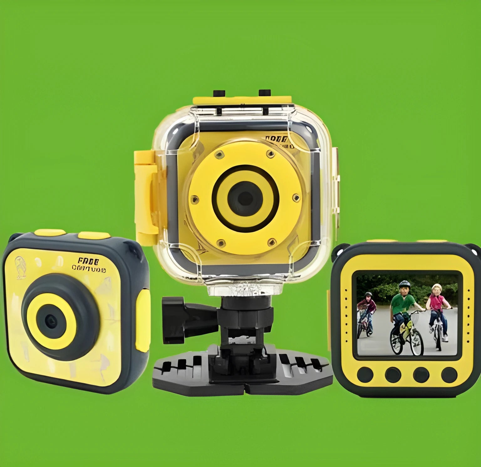 Yellow children's waterproof sports camera showing front with lens and 1.77-inch LCD screen