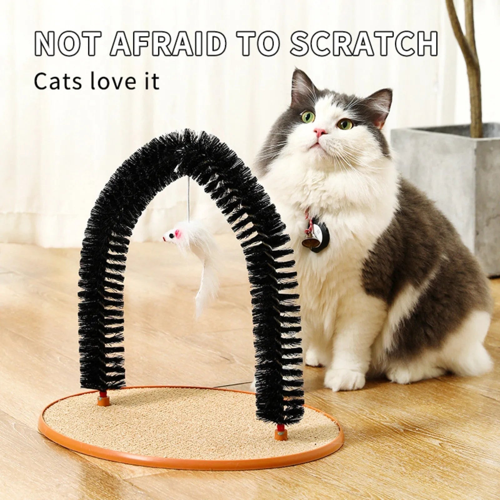 Black arch-shaped cat scratching post with grooming brush surface and attached plush mouse toy