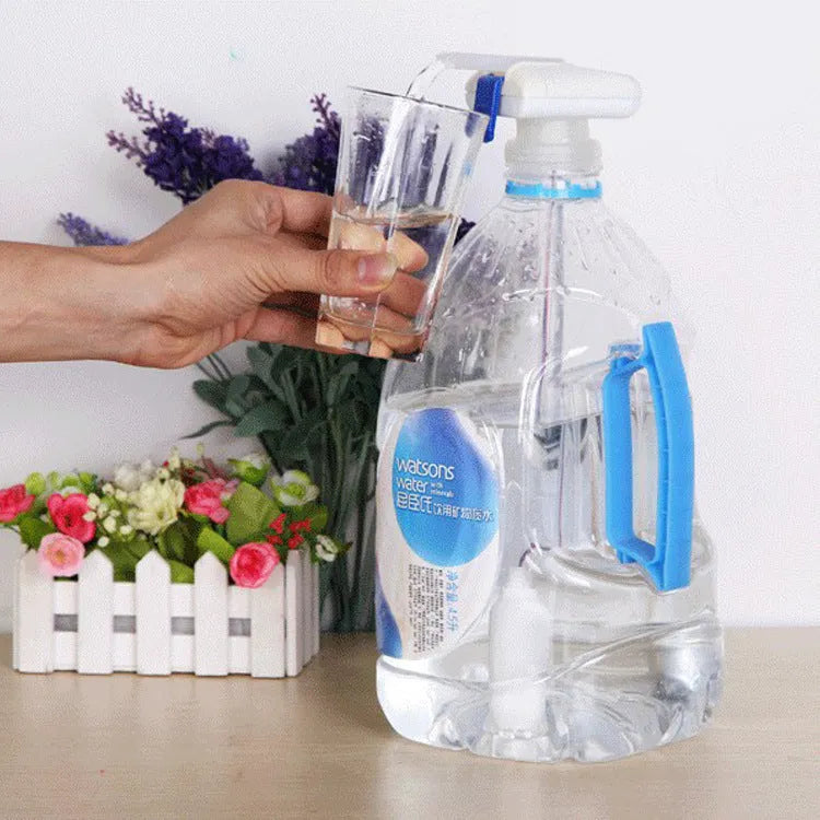 Electric pumping water device with long silicone straw and blue press handle in colour box.