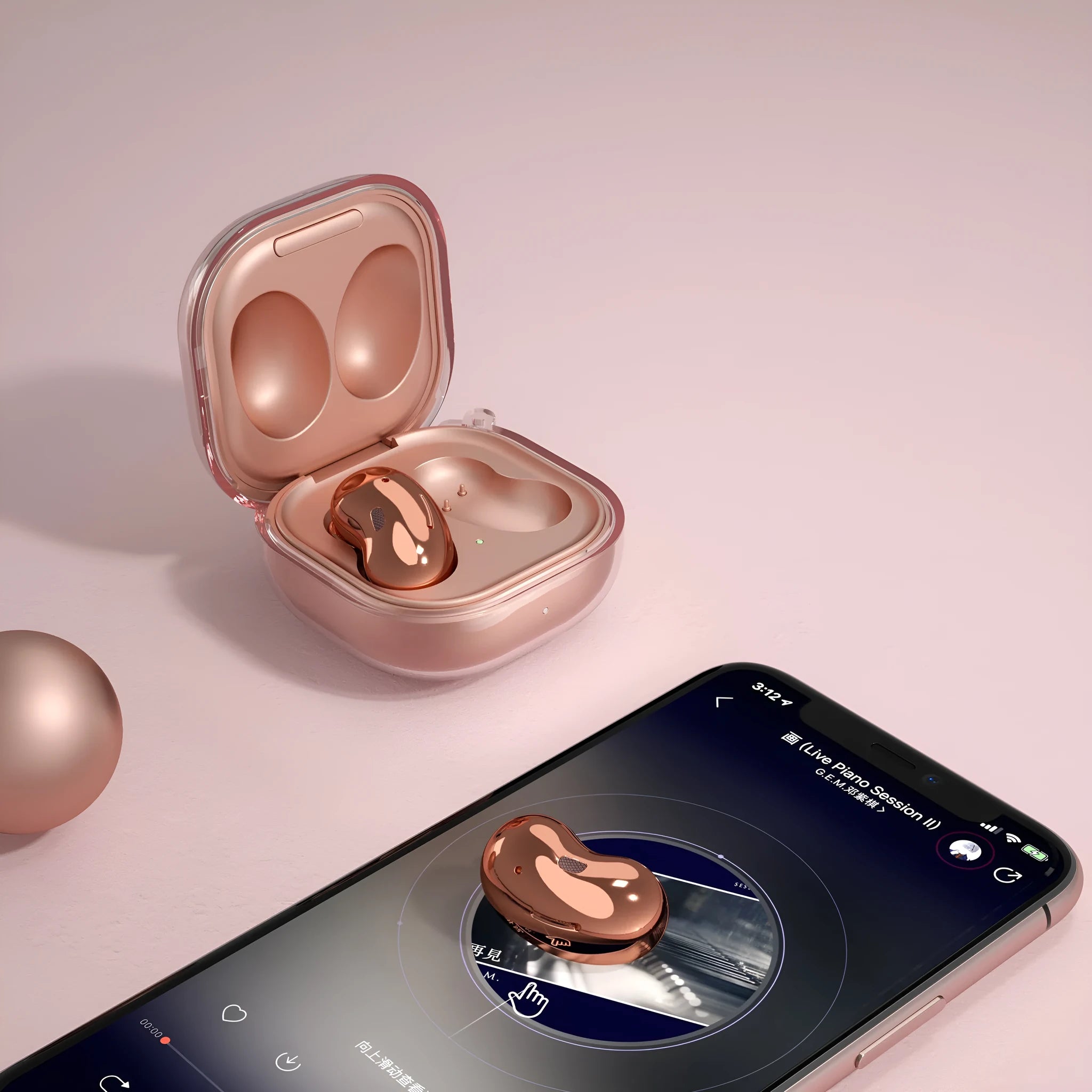 Translucent Bluetooth ear case in clamshell design showing interior earbud compartments