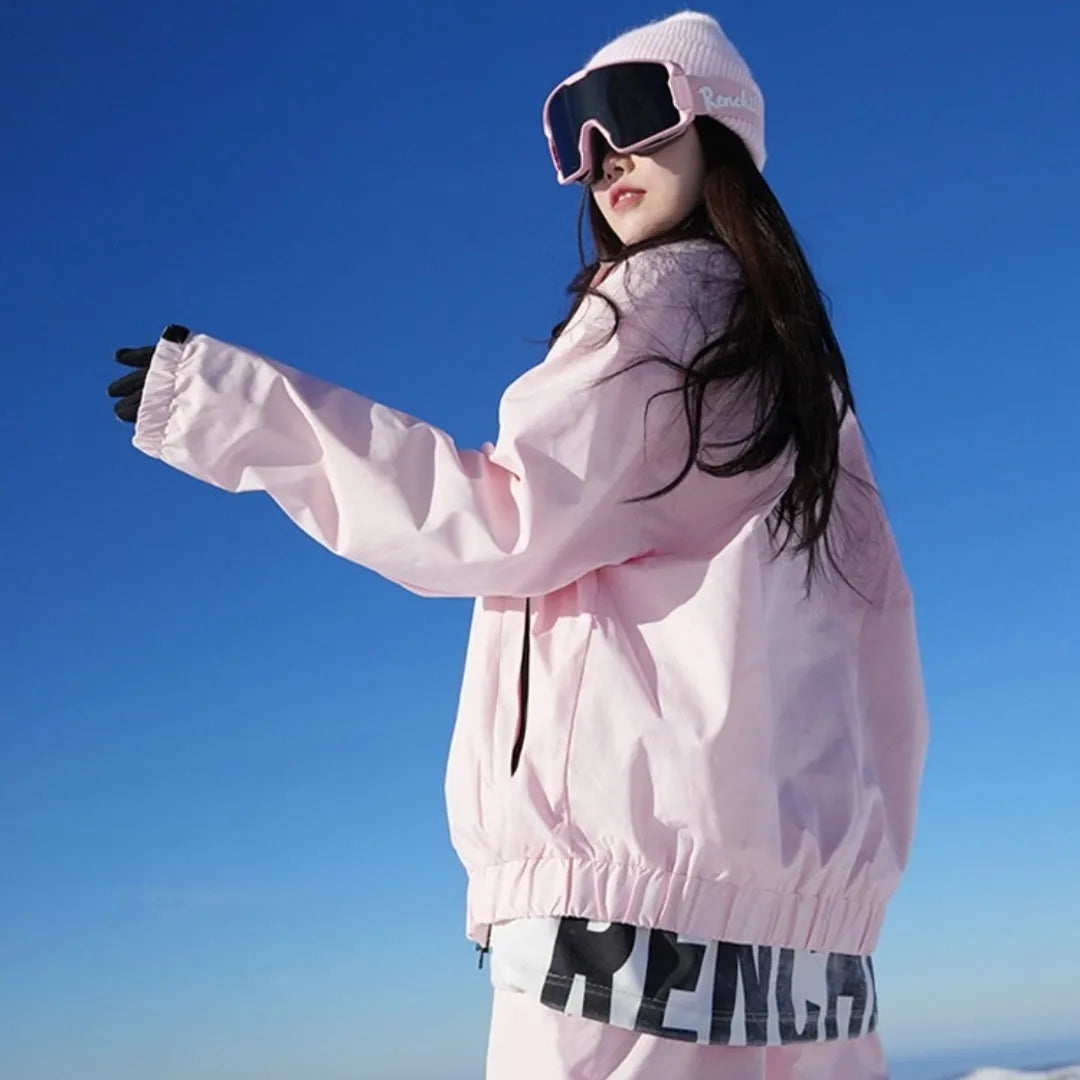 Waterproof winter ski suit with coat and trousers in cotton blend fabric, available black or pink