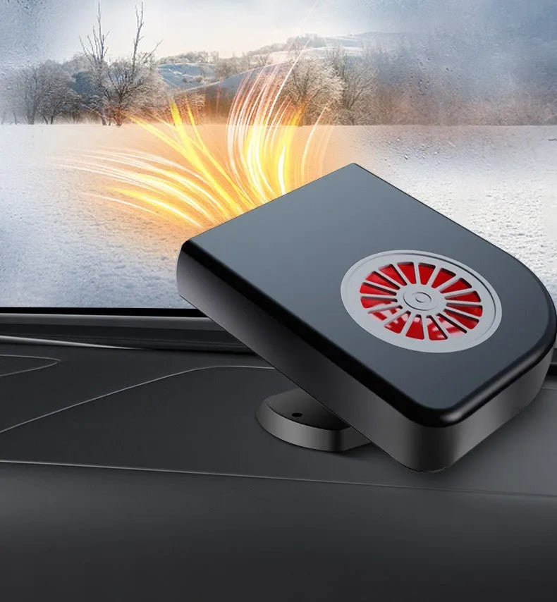 Black compact vehicle-mounted heater for car defrosting and defogging with adjustable nozzle.