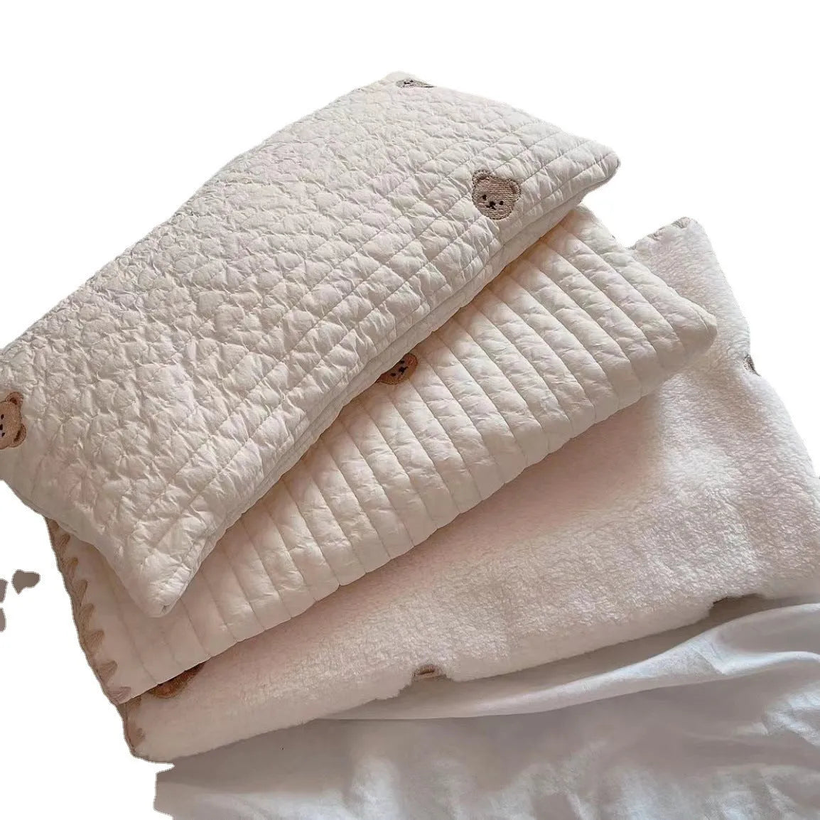 Bear design dog bed set showing pillow, mattress and quilt in soft polyester fabric