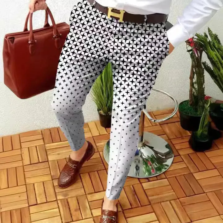Men's slim-fit plaid casual trousers with 3D printed pattern in straight leg design