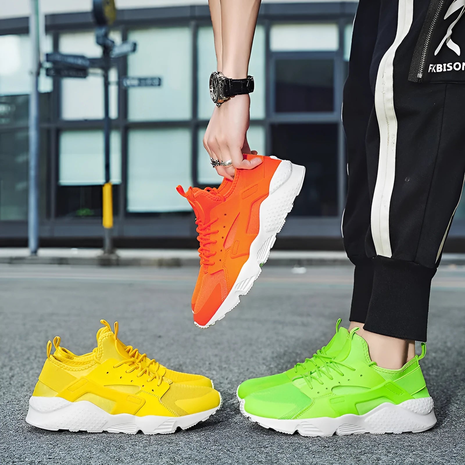 Men's low-top casual shoes in fluorescent colour with mesh upper and cross shoulder straps