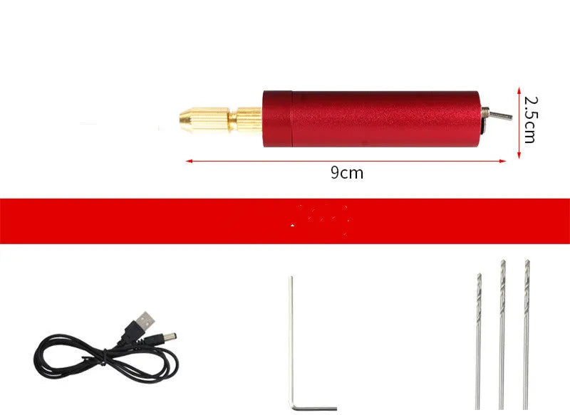 USB-powered aluminium alloy mini electric drill grinder with three drill bits and a wrench on a workbench.