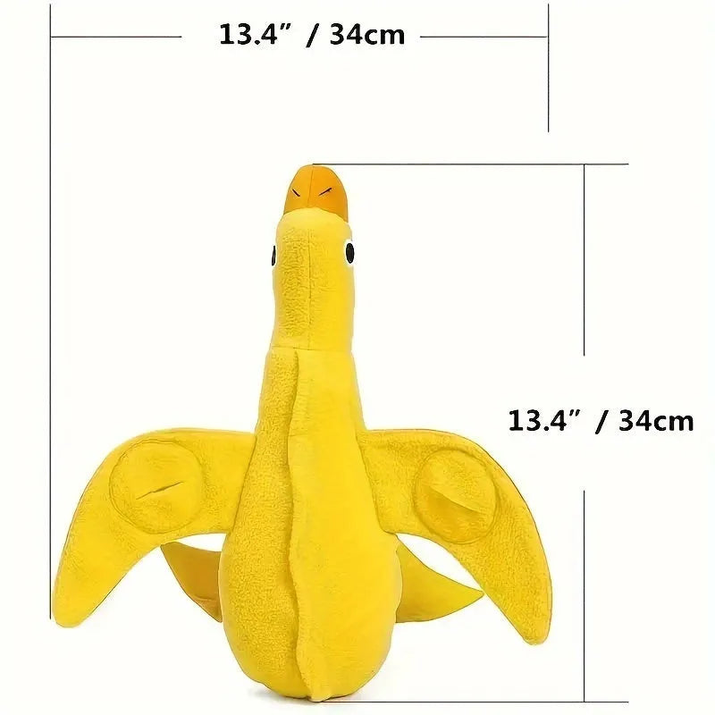 Yellow plush teddy bear dog toy with an attached duck doll, featuring a squeaker and treat compartment.