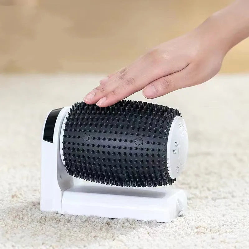 White automatic cat self groomer wall corner brush mounted in corner