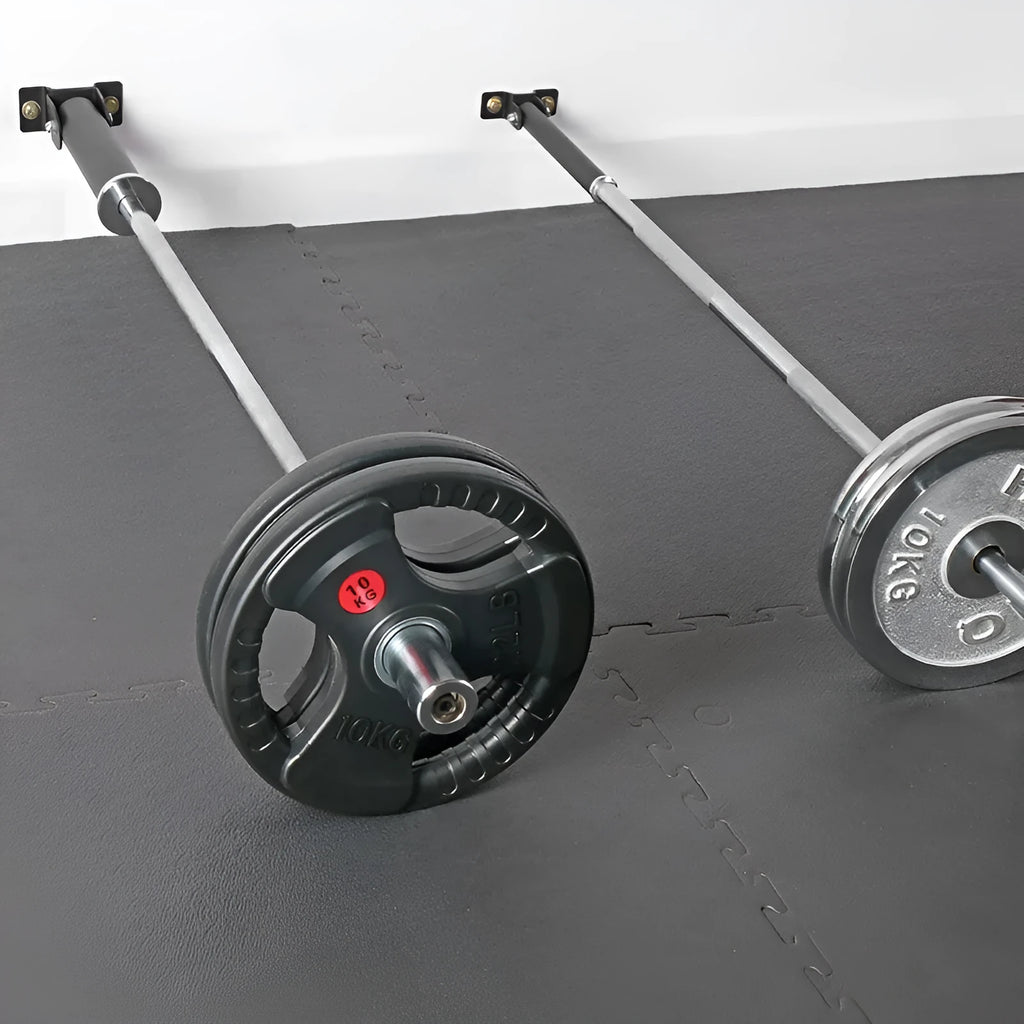 Steel wall-mounted rack with 25 tubes for storing barbells or barrels