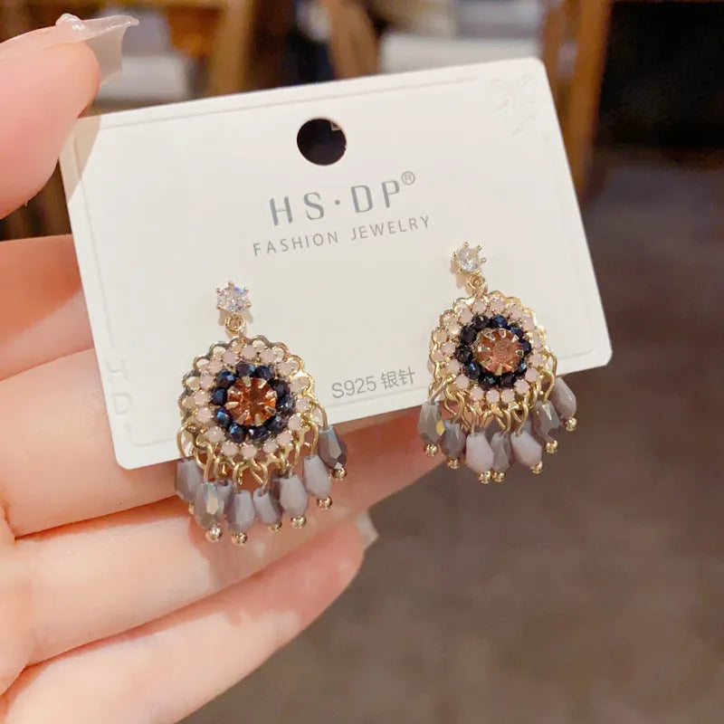 Geometric line design crystal tassel earrings with thick gold plating