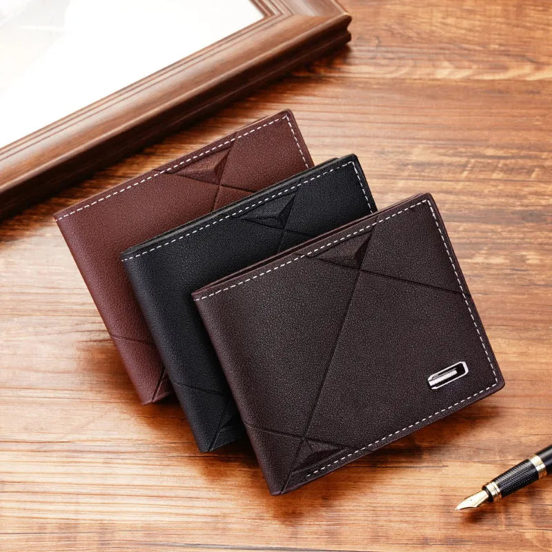 Men's black three-fold horizontal PU leather wallet showing multiple card slots.