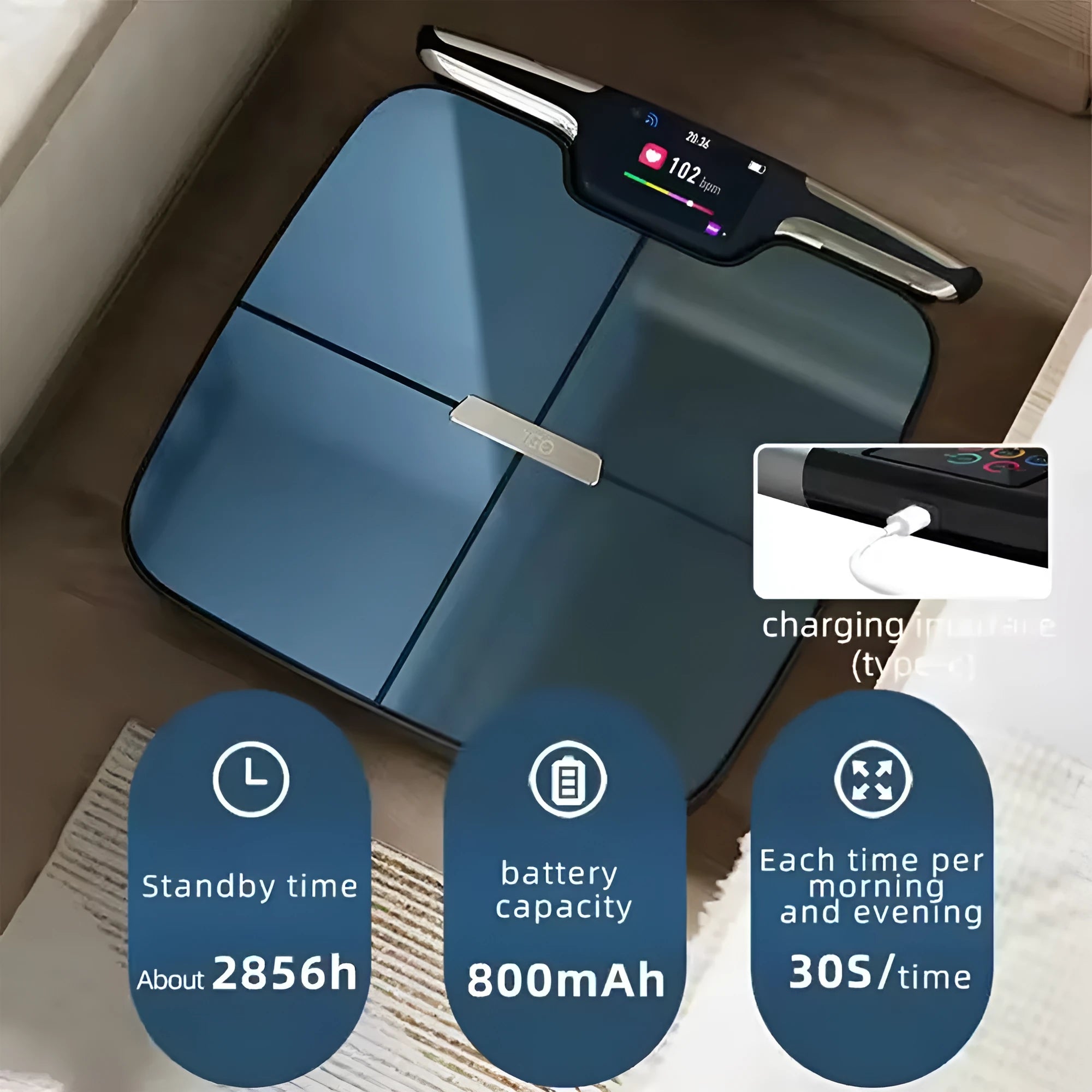 Black eight-electrode body fat intelligent weighing scale on a bathroom floor