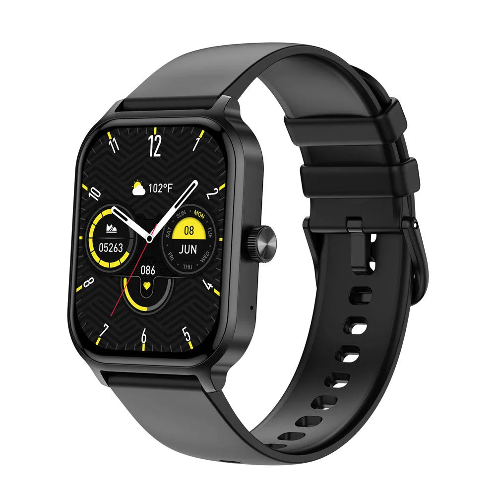 Black Bluetooth calling smartwatch with TFT screen showing heart rate monitoring on a wrist