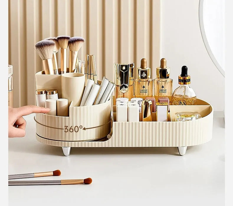 Rotating cosmetics storage box with two shelves holding makeup brushes and beauty products