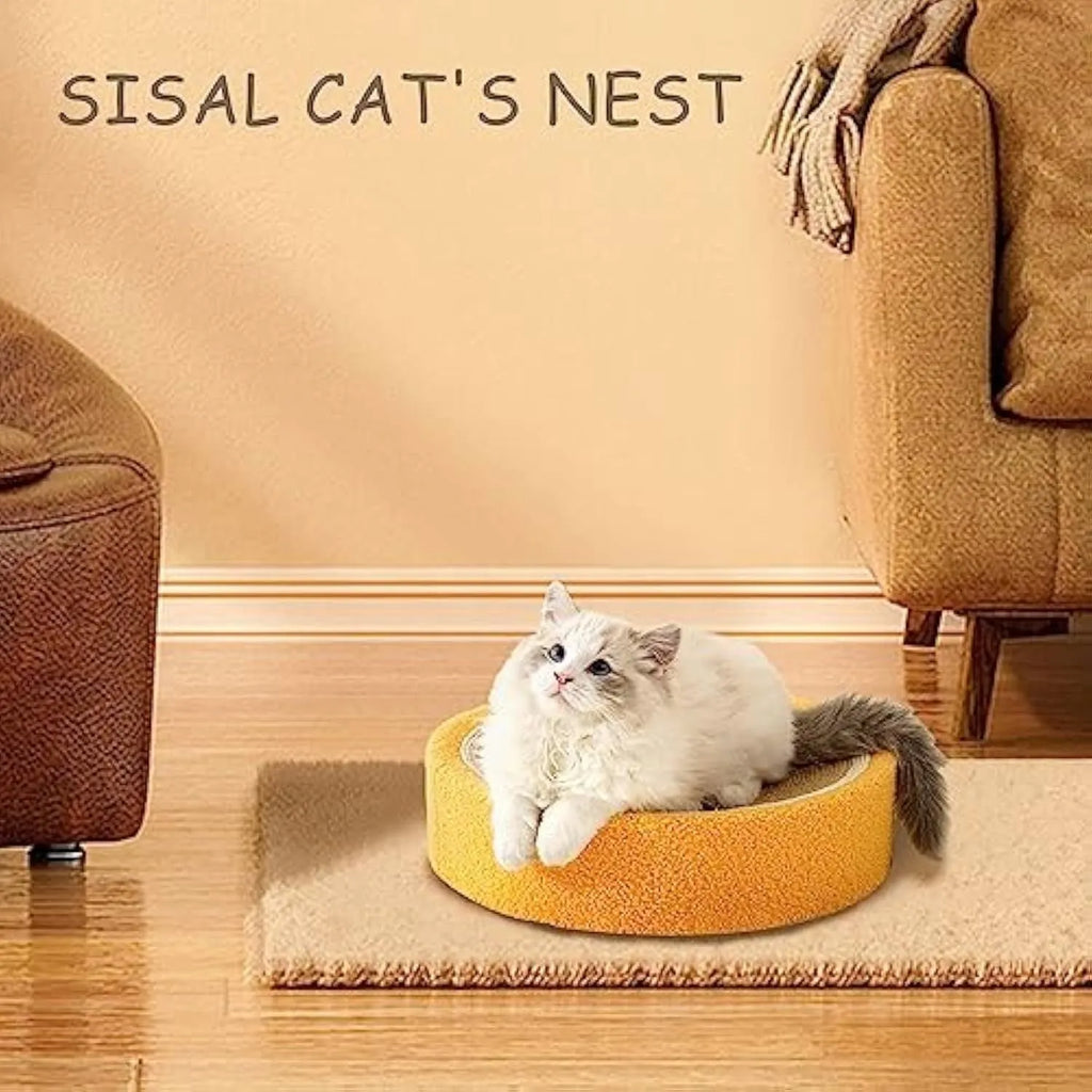 Yellow fruit-shaped sisal cat scratching board and round bed for small cats