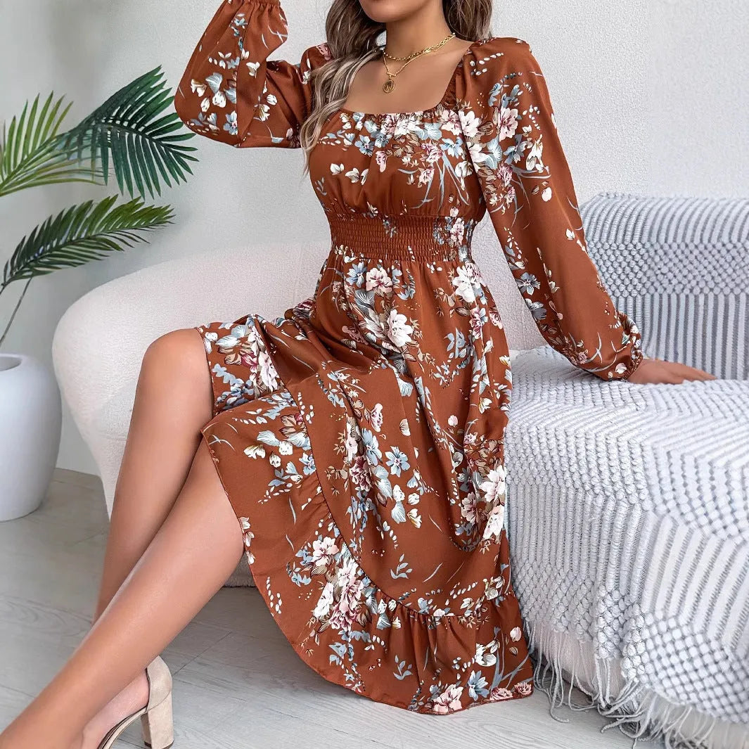 Square collar long sleeve A-line midi dress with ruffles, waist trimming, stretch polyester fabric, brown colour, front view