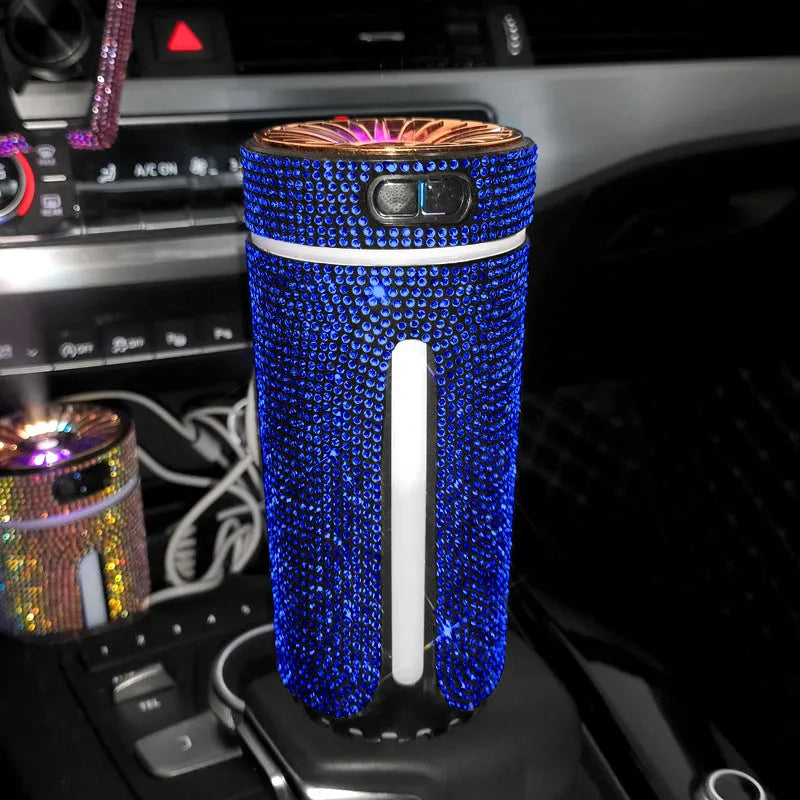 Rhinestone car humidifier with colourful LED lights, 15cm portable design for auto aromatherapy