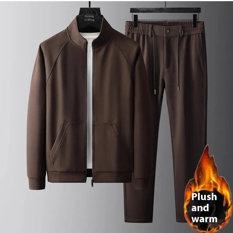 Men's stand collar slim fit casual sports suit in Vinylon fabric, shown in coffee colour