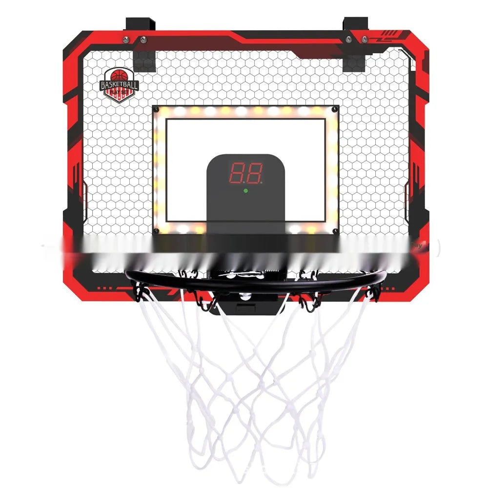 Red and blue folding basketball frame with scoring panel, suction cups, and a 16cm ball on a door