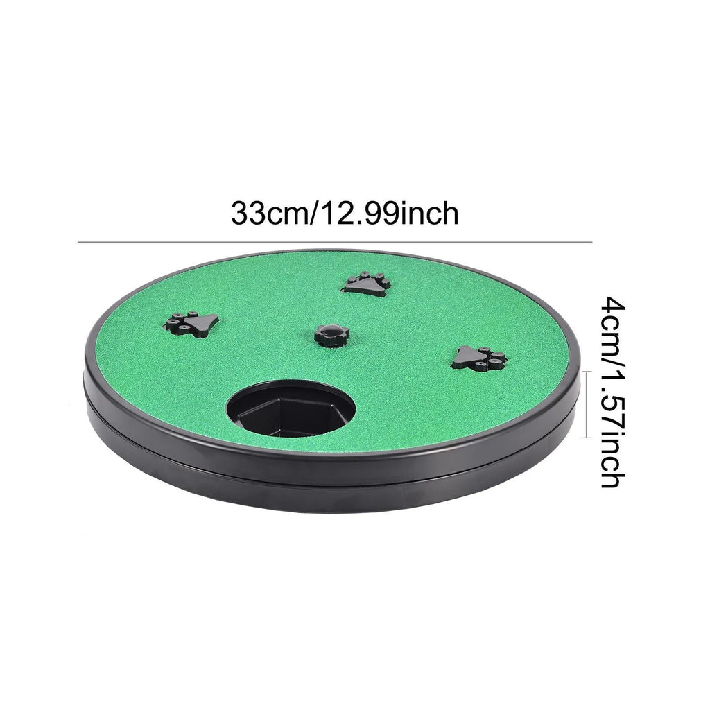 Square dog scratch pad with rotatable top cover showing food compartments and textured scratching surface