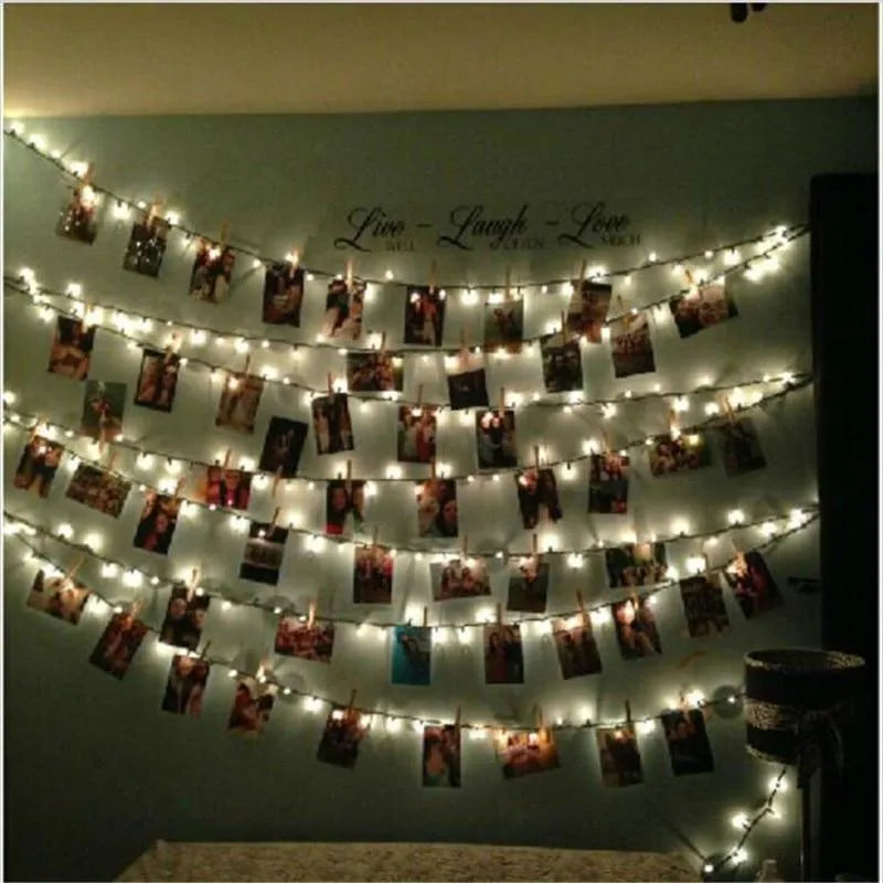 LED photo holder string lights with 10 warm white bulbs and photo clips on a wall 160cm length