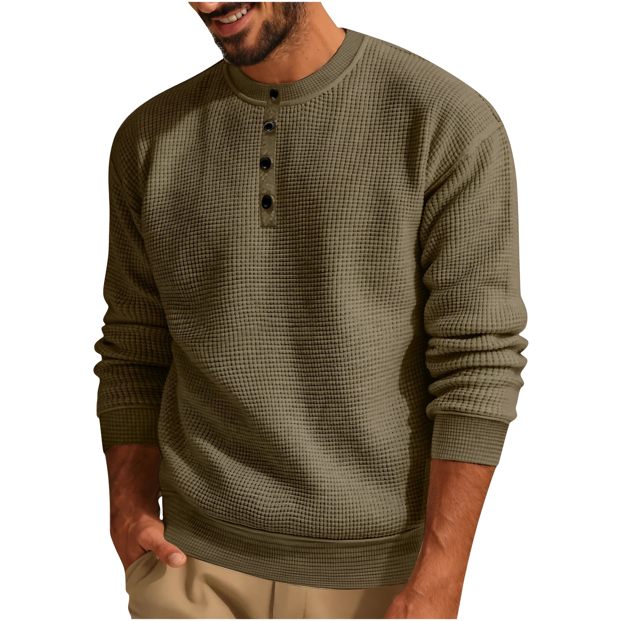 Solid colour long sleeve waffle Henley shirt for men in loose fit, shown in Black