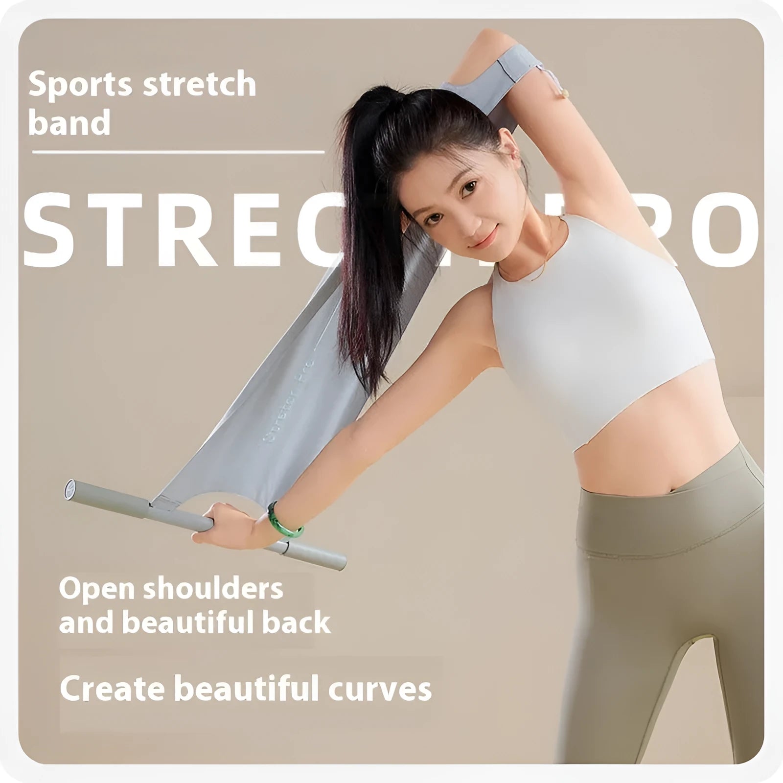 Grey and pink multi-function yoga stretching tool for shoulder, back, and hip exercises.