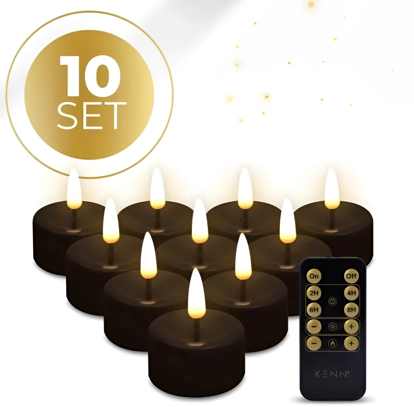 Four black S10 LED tealight candles showing flickering warm white light