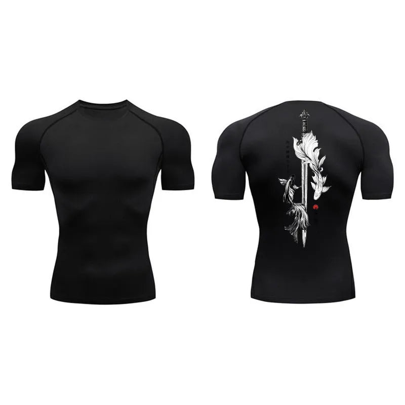 Men's short sleeve compression shirt with sword print design in loose fitting polyester blend fabric