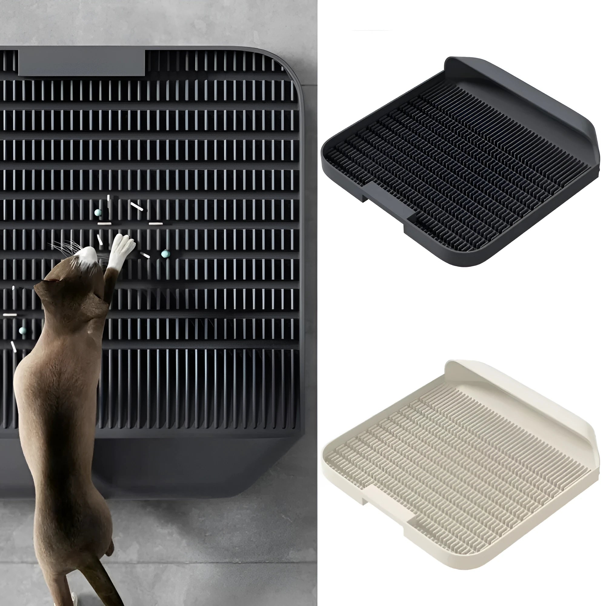 Large black cat litter pedal with slanted mouth design and non-slip base, 37cm square