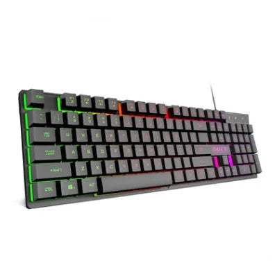 Black USB wired backlit gaming keyboard with frosted keycaps on a desk