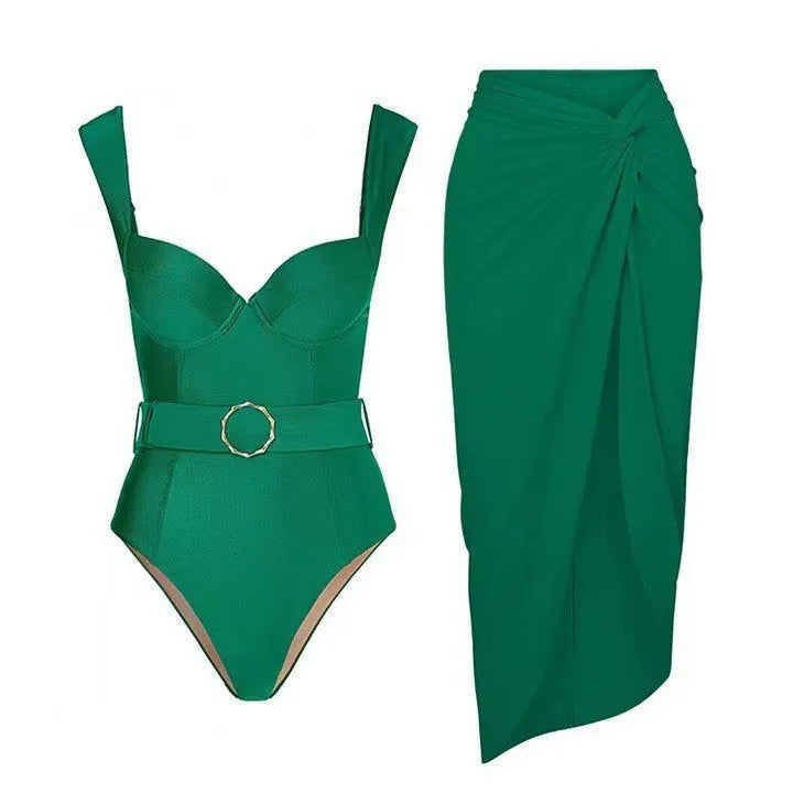 Women's grey one-piece swimsuit with an attached gauze skirt, showing double shoulder neckline style.