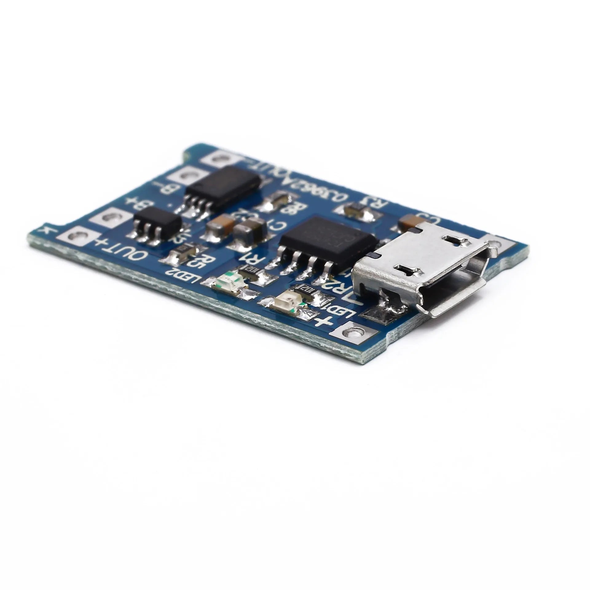 Blue lithium battery charging and protection circuit board with micro USB port.