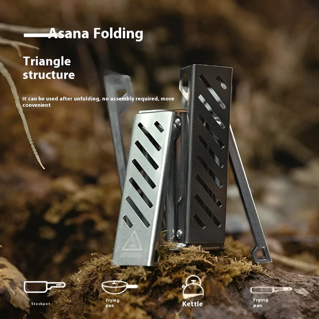 Hexagon-shaped foldable alcohol camping stove in black or silver with dimensions 9.5x8.5x15cm
